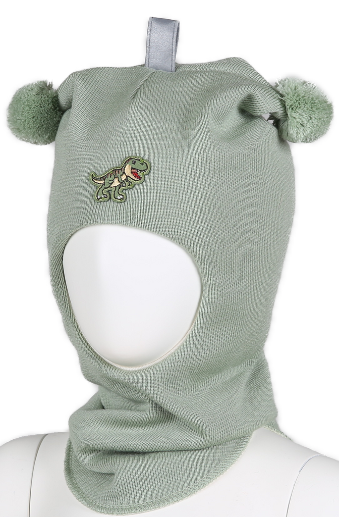 Kivat Balaklava I Glattstrikket Ull; Fôret Med Økologisk Bomull; Med To Dusker Og Dinosaur - Lysegrønn-Ukjent-Kivat-Junior Barneklær