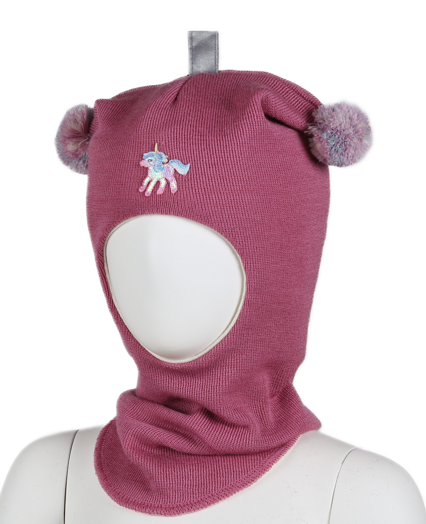 Kivat Balaklava I Glattstrikket Ull; Fôret Med Økologisk Bomull; Med To Dusker Og Enhjørningslogo - Mørkrosa-Ukjent-Kivat-Junior Barneklær
