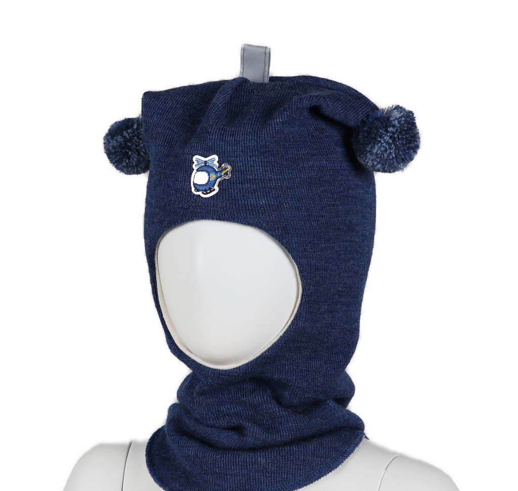 Kivat Balaklava I Glattstrikket Ull; Fôret Med Økologisk Bomull; Med To Dusker Og Helikopter - Jeansblå-Jeans-Kivat-Junior Barneklær