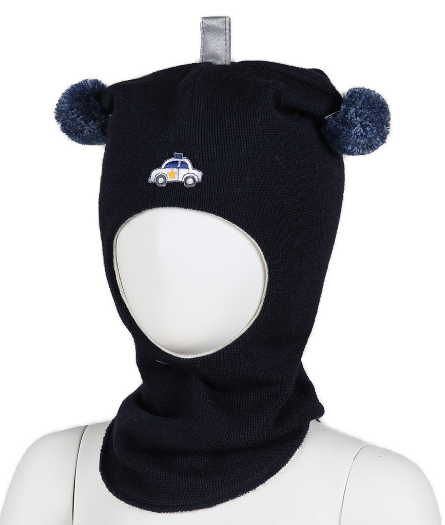 Kivat Balaklava I Glattstrikket Ull; Fôret Med Økologisk Bomull; Med To Dusker Og Politibil - Marineblå-Ukjent-Kivat-Junior Barneklær