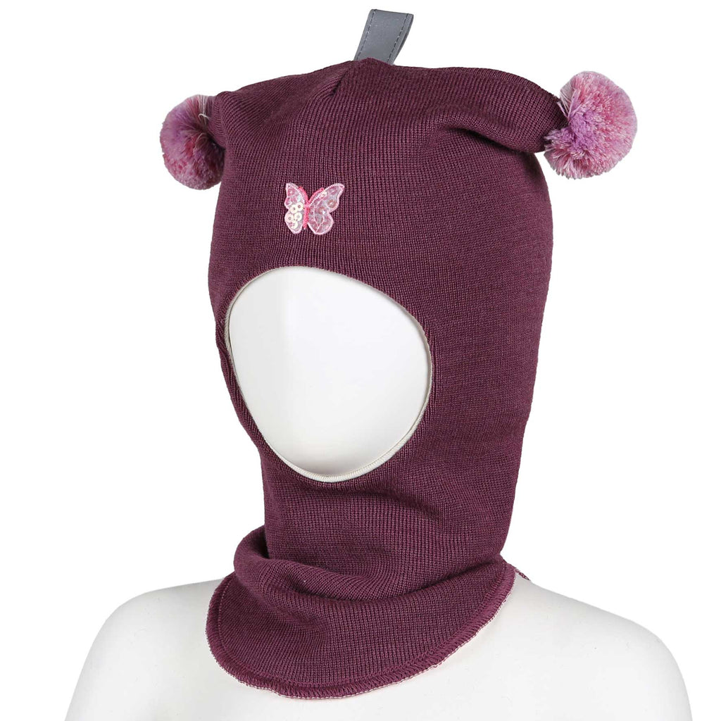 Kivat Balaklava I Glattstrikket Ull; Fôret Med Økologisk Bomull; Med To Dusker Og Sommerfugl - Plomme-Ukjent-Kivat-Junior Barneklær